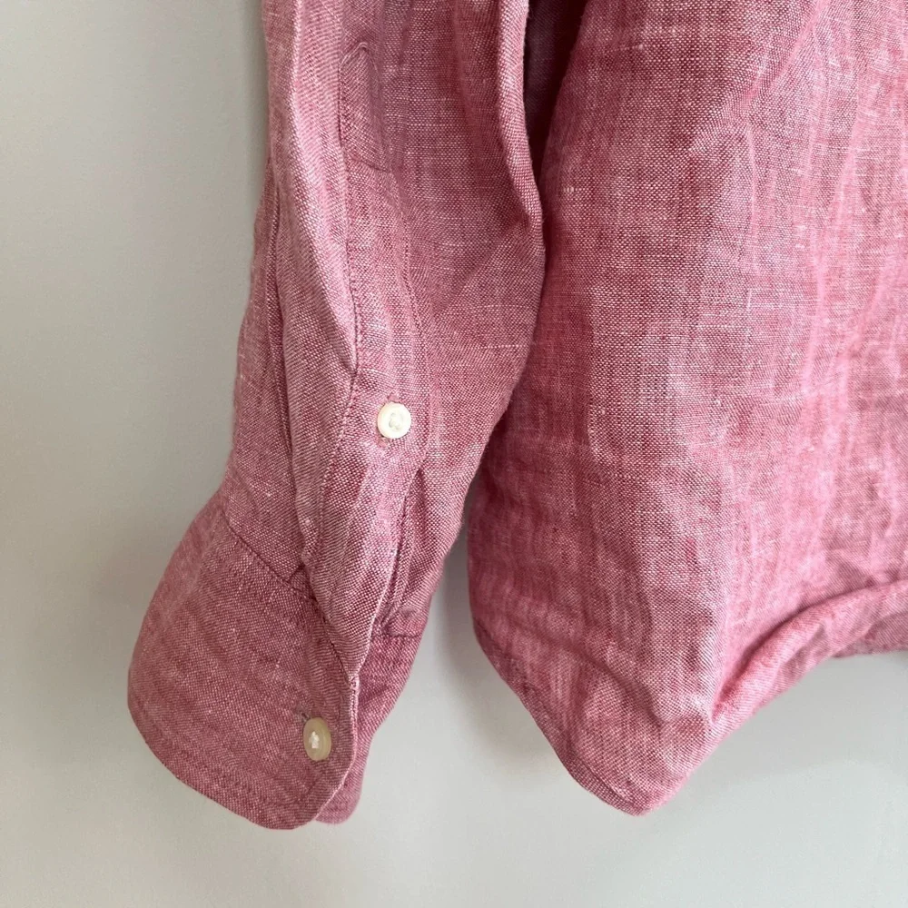 J. CREW Men's 100% Linen Slim Cut Button-Up Long Sleeve Shirt Pink Red, Medium